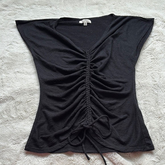 Max Studio Black Ruched Front Cap Sleeve Top | Adjustable Drawstring Blouse - Picture 1 of 4